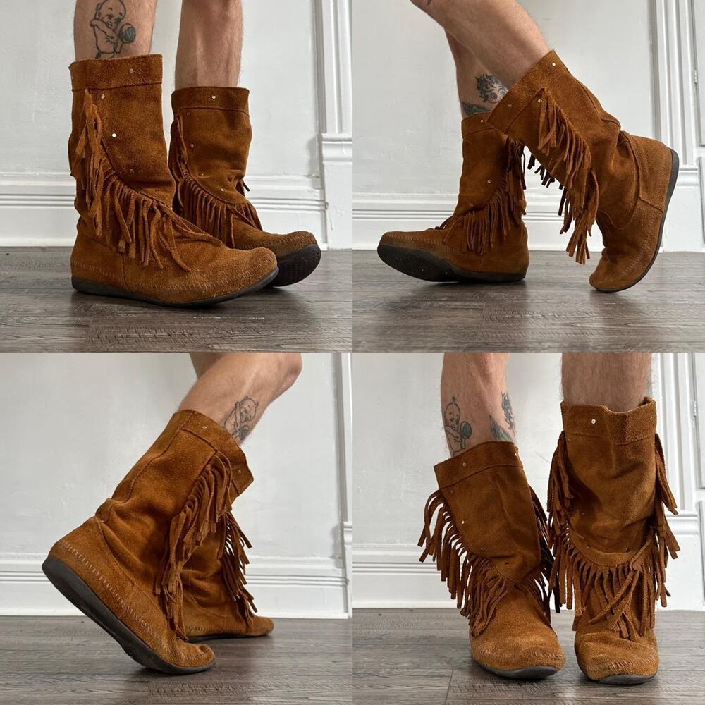Vintage Y2K Slouchy Boho Fringe Fringe Suede Studded Brown Boots Moccasin